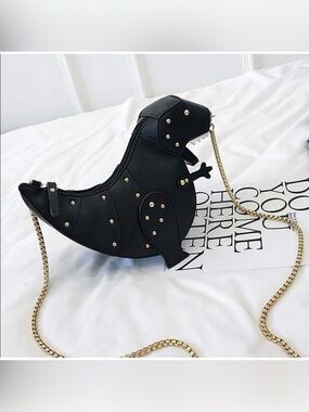 🦖 NWT Black T Rex Dino Shoulder Crossbody Bag Gold Chain Strap Cute Fun Novelty